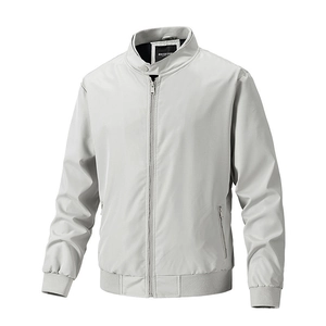 Men's light gray stand collar flight jacket with ribbed cuffs and zip pockets