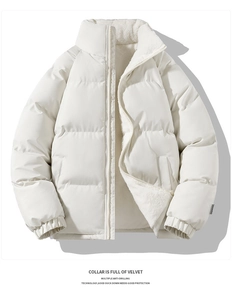 Detail of white puffer jacket with lamb wool collar and duck down filling structure