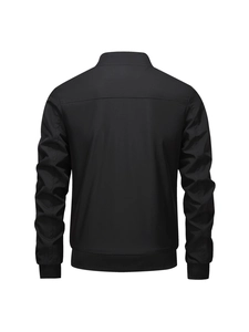 Back view of classic black bomber jacket with ribbed cuffs and windproof fabric