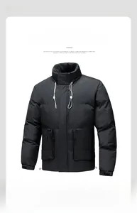 Detail of black winter puffer jacket with stand collar and white adjustable drawstrings