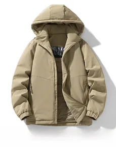 Detail of khaki hooded jacket featuring windproof fabric, ribbed cuffs, and zipper pockets