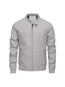 Men's slim fit casual bomber jacket in light beige with stand collar and ribbed cuffs