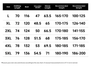 Detailed sizing chart for men's hooded jacket featuring measurements from size L to 5XL