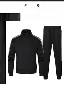 Detail view of men's black tracksuit with three-stripe sleeves and stand collar jacket