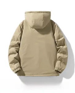 Back view of khaki hooded jacket with elastic windproof cuffs and minimalist hem design