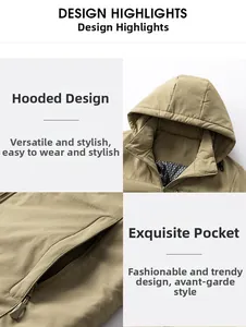 Detail of khaki hooded jacket showing zipper pockets and geometric patterned inner lining