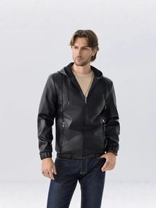 Men Hooded PU Leather Jacket Autumn Winter Retro Casual Motorcycle Cargo Outerwear Loose Fit Windproof Warm Coat Top