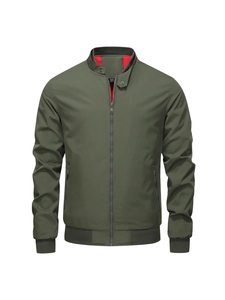 Men's olive green bomber jacket with stand collar and sleek metal zipper on white background