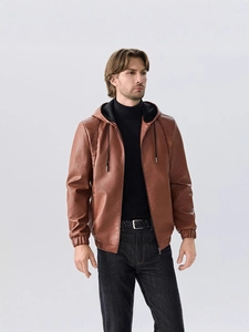 Men's brown hooded PU leather jacket with zipper closure and elastic cuffs on studio background