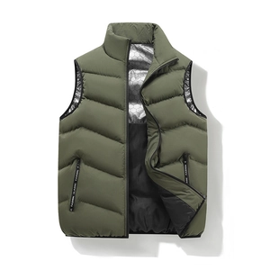 Men's army green puffy vest with stand collar and heat-reflective lining