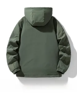 Back view of dark green men's hooded work jacket featuring elastic cuffs and waterproof fabric