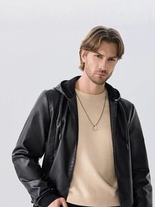 Men's black hooded PU leather jacket with premium texture and metal zipper closure