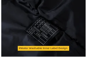 Detailed macro view of the inner care label and material tag of a black down jacket