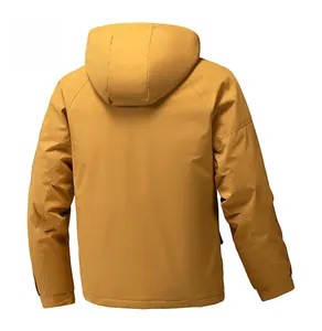 Rear view of a mustard yellow winter jacket with hooded design and windproof material