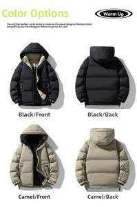 Men's hooded winter puffer coat in black and camel showing front and back views