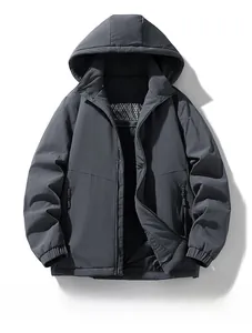 Detail view of a dark grey hooded jacket with windproof fabric and hidden zip pockets