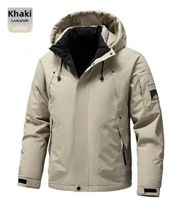Detail of khaki graphene padded jacket with mountain patch and tactical pockets