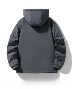 Back view of a grey hooded windproof jacket showing elastic cuffs and texture