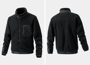 Detail view of black lamb wool fleece jacket showing stand collar and zippered chest pocket