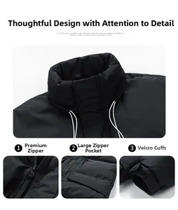 Detail of winter thermal jacket with drawstring stand collar and velcro cuff adjustments