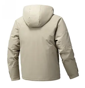 Rear view of beige graphene padded jacket with hood and adjustable cuffs