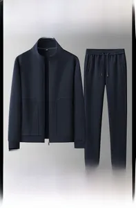 Men's dark blue casual track suit with standing collar jacket and drawstring pants detail