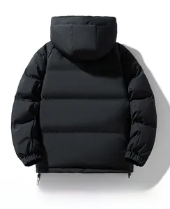 Rear view of men's heavy black winter parka showing windproof matte quilted texture