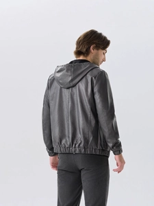 Men's dark gray hooded PU leather jacket featuring a modern back view and ribbed cuffs