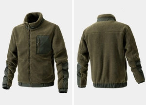 Front and back views of an olive green sherpa fleece jacket with a stand-up collar