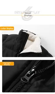 Detail view of winter jacket featuring black fabric and soft white faux fleece lining