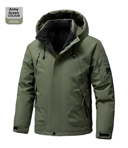 Detail of army green outdoor hooded jacket with adjustable cuffs and mountain patch