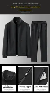 Close-up of windproof stand collar and zipper pocket details on men's black tracksuit