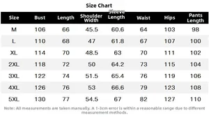 Detailed size chart for men's athletic tracksuit set featuring measurements from M to 5XL