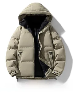 Detailed close-up of khaki winter parka with hood and black branded zipper pocket accents