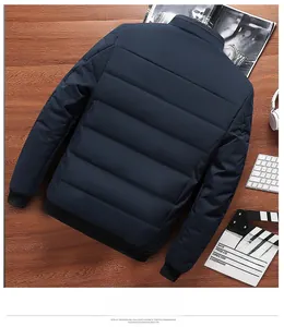 Detail view of the quilted back on this navy blue winter jacket for middle-aged men