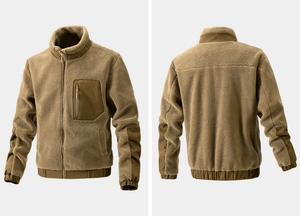 Detail view of khaki lamb velvet jacket showing front and back with reinforced elbow patches