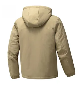 Rear view of khaki hooded tactical jacket featuring elastic windproof cuffs and clean texture