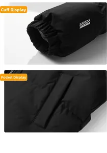Detail of elastic cuffs and tilted side pockets on a black windproof padded winter jacket