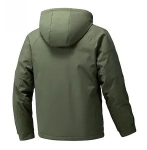 Back view of men's olive green hooded jacket featuring drop shoulder and windproof fabric