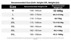 Men's sportswear size chart showing height and weight recommendations from M to 5XL