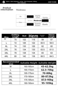 Detailed size chart for thick winter outdoor jacket with polyester material specifications
