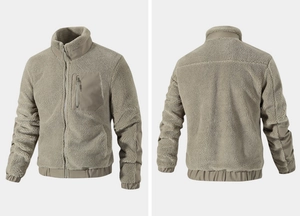 Detail of khaki sherpa fleece jacket featuring stand collar and functional zip chest pocket