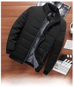 Detail view of men's winter jacket with thick fleece lining and quilted black exterior