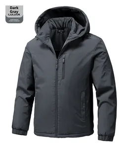 Detailed macro view of dark gray hooded outdoor jacket with windproof fabric and zip pockets