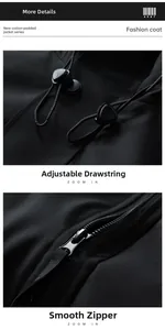 Detail of winter jacket featuring adjustable hood drawstrings and smooth metal zipper