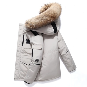 Men Heavy Winter White Duck Down Hooded Puffer Jacket With Large Fur Collar Multi Pocket Windproof Warm Parka Outerwear