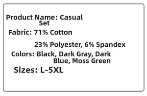 Detailed size chart and fabric specifications for men's casual cotton sports suit set