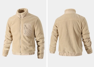 Front and back view of beige fleece jacket with stand collar and zippered chest pocket