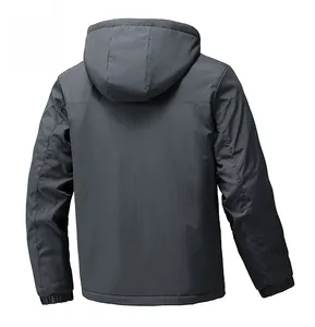 Detailed back view of a grey windproof hooded jacket with elastic cuffs and a tactical design