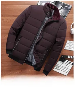 Detail of burgundy men's padded jacket with warm grey fleece lining and stand collar